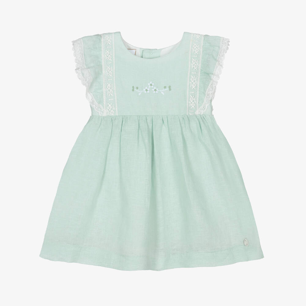 PAZ Rodríguez-فستان كتان مزين بالدانتيل لون أخضر للبنات الرضع | Childrensalon
