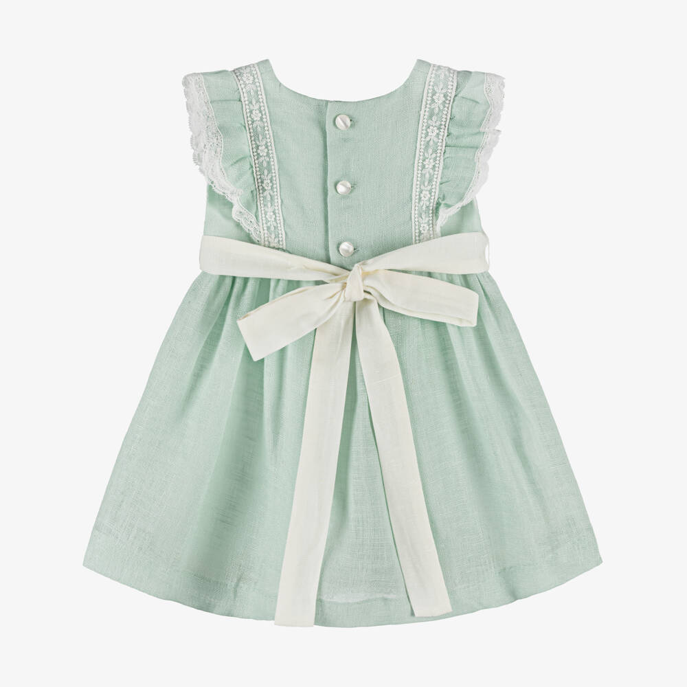 PAZ Rodríguez-Baby Girls Green Linen Dress with Lace Trim | Childrensalon