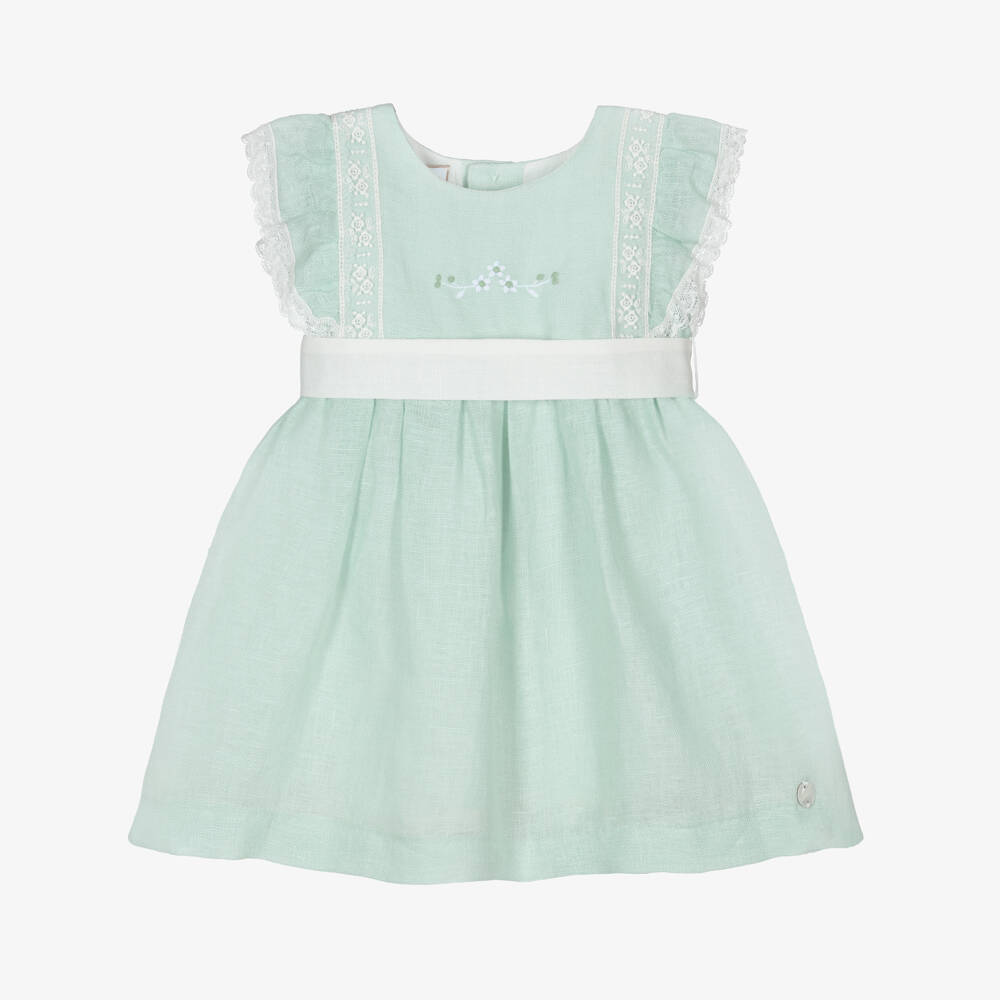 PAZ Rodríguez-فستان كتان مزين بالدانتيل لون أخضر للبنات الرضع | Childrensalon