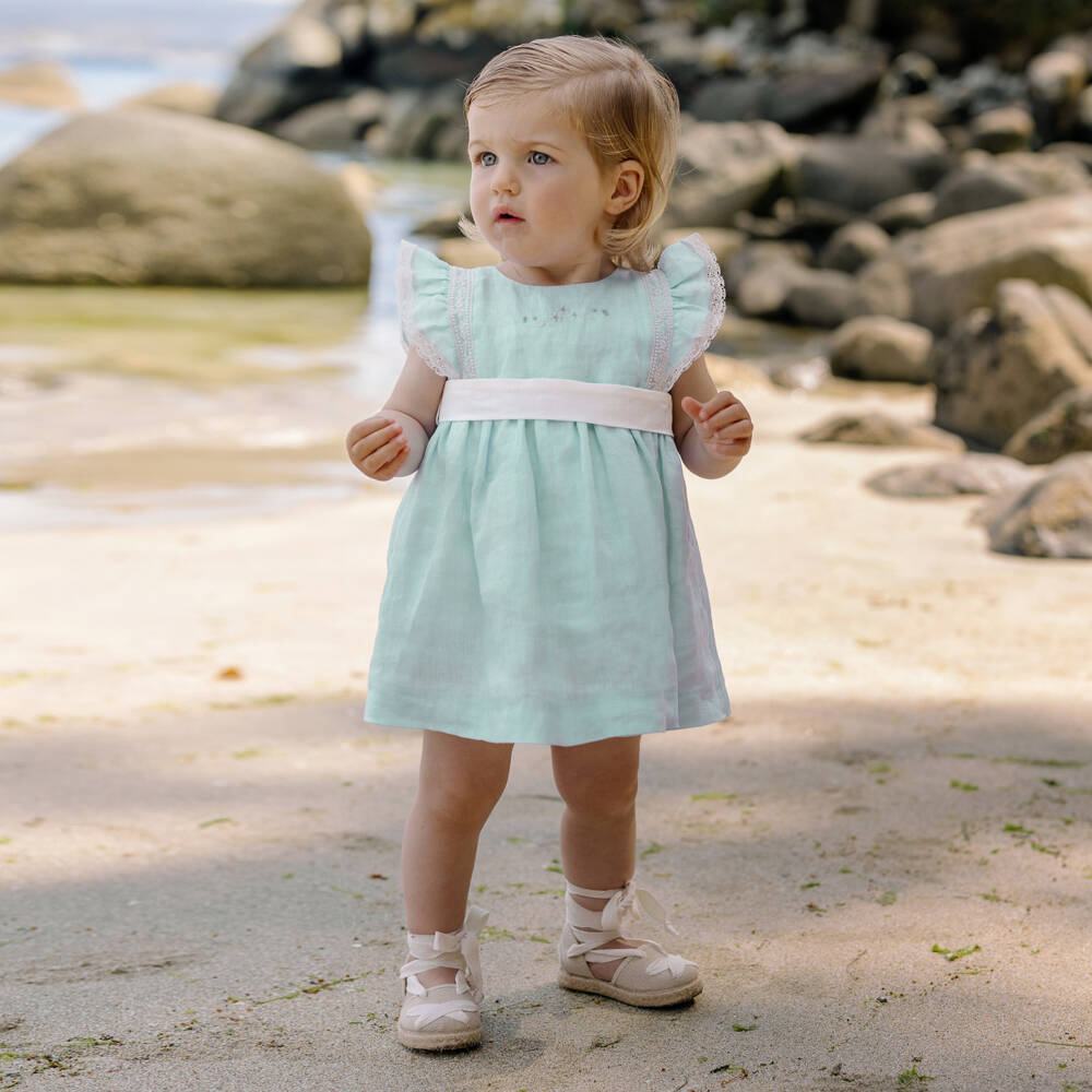 PAZ Rodríguez-فستان كتان مزين بالدانتيل لون أخضر للبنات الرضع | Childrensalon
