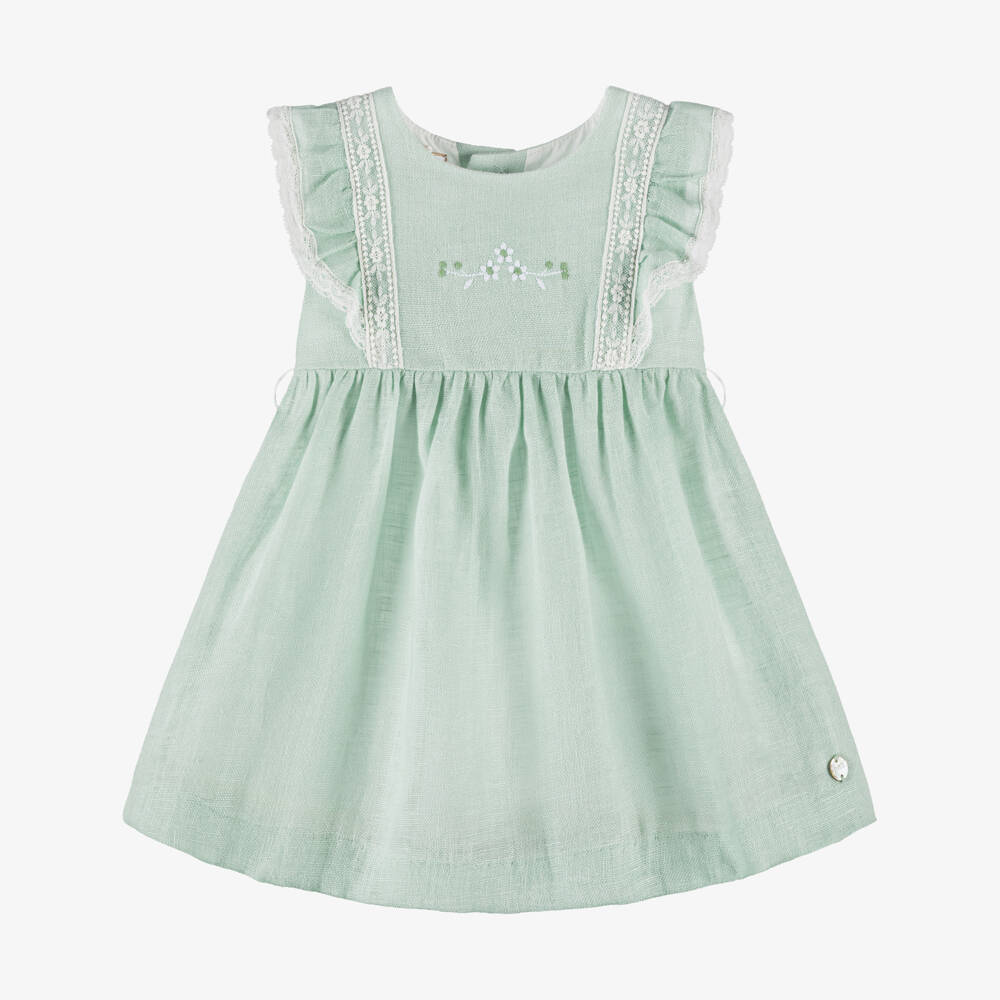 PAZ Rodríguez-Baby Girls Green Linen Dress with Lace Trim | Childrensalon