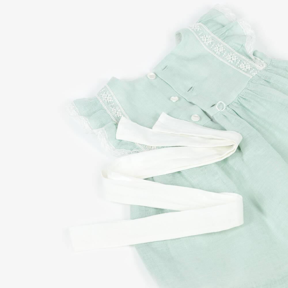 PAZ Rodríguez-فستان كتان مزين بالدانتيل لون أخضر للبنات الرضع | Childrensalon