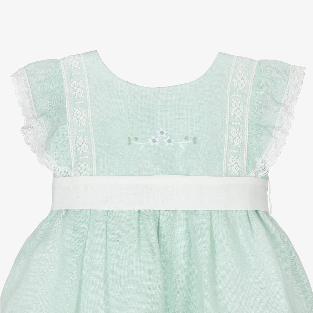 PAZ Rodríguez-فستان كتان مزين بالدانتيل لون أخضر للبنات الرضع | Childrensalon