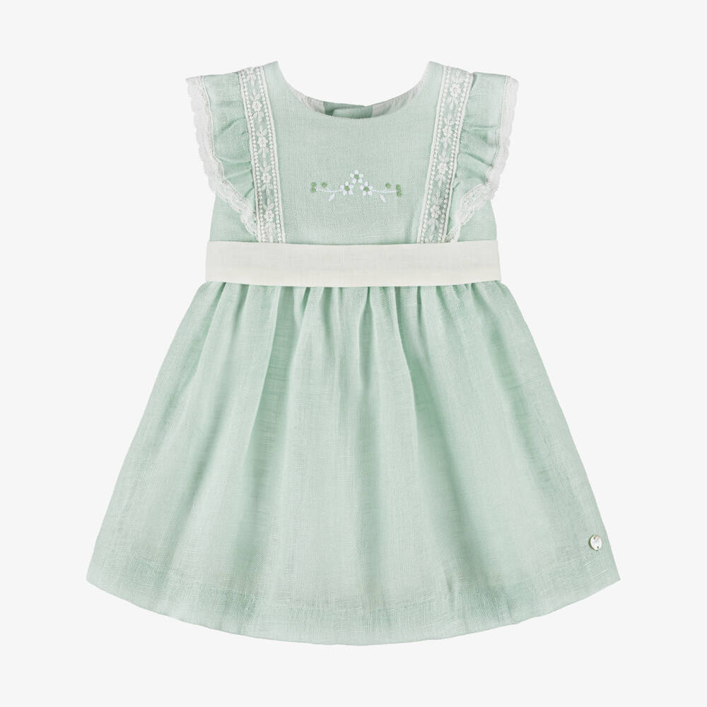 PAZ Rodríguez-Baby Girls Green Linen Dress with Lace Trim | Childrensalon