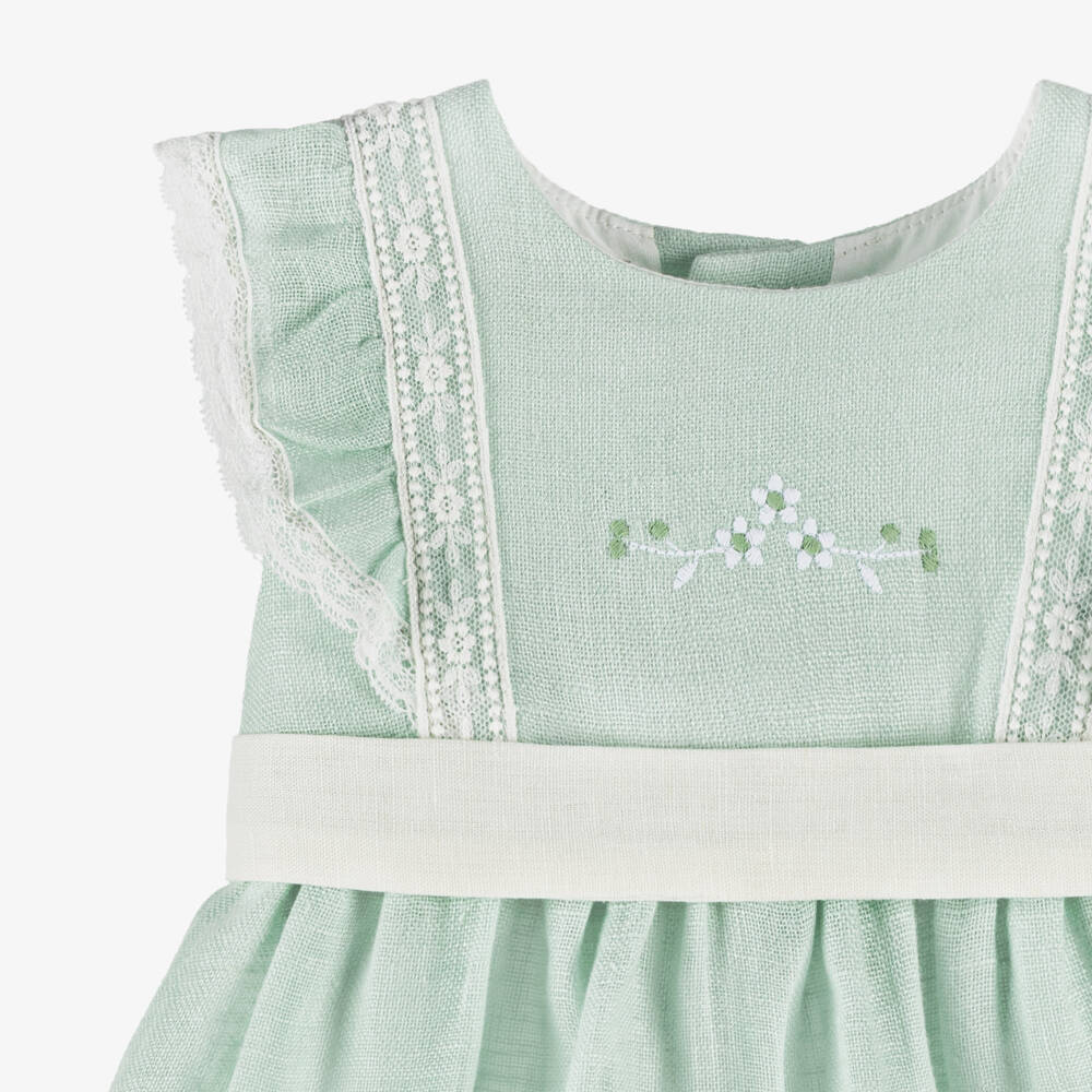 PAZ Rodríguez-Baby Girls Green Linen Dress with Lace Trim | Childrensalon