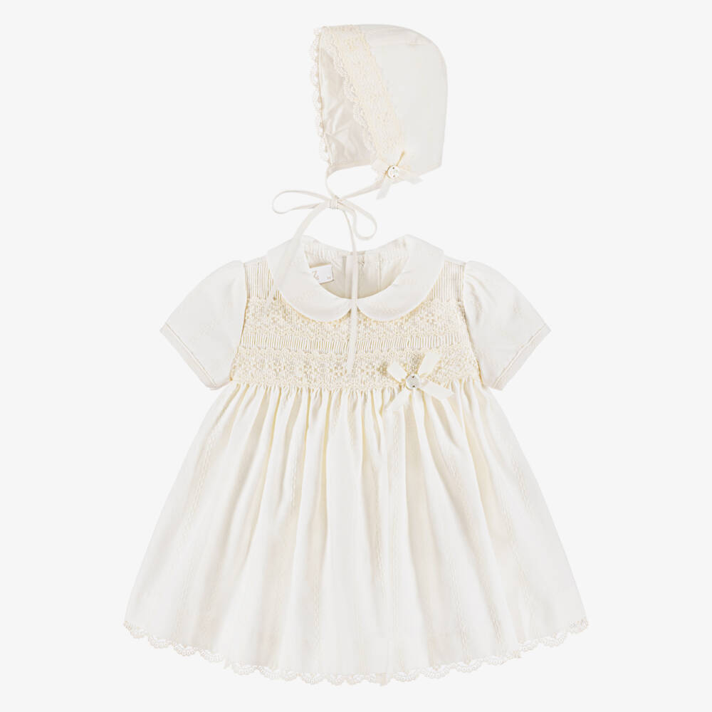PAZ Rodríguez-Baby Girls Ivory Dress Set with Lace Trims | Childrensalon