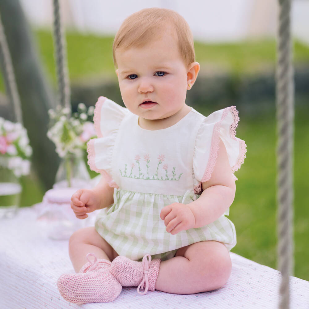 PAZ Rodríguez-بودي سوت مربعات لون أخضر وعاجي للبنات الرضع | Childrensalon