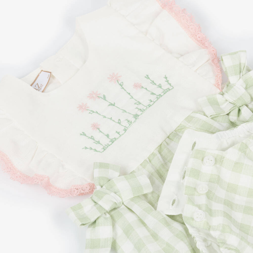 PAZ Rodríguez-Baby Girls Ivory & Green Gingham Shortie | Childrensalon