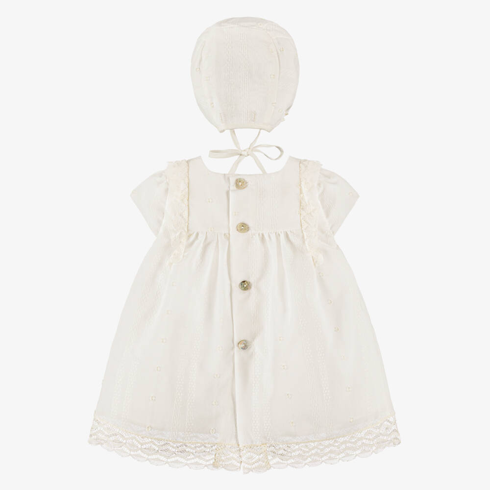 PAZ Rodríguez-Baby Girls Ivory Lace Trimmed Dress & Bonnet Set | Childrensalon