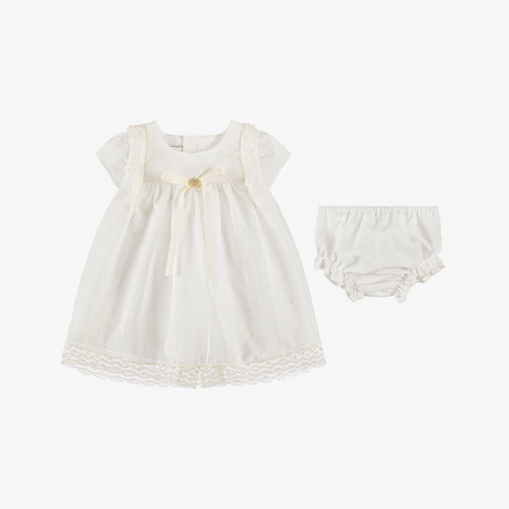 PAZ Rodríguez-Baby Girls Ivory Lace Trimmed Dress & Bonnet Set  | Childrensalon