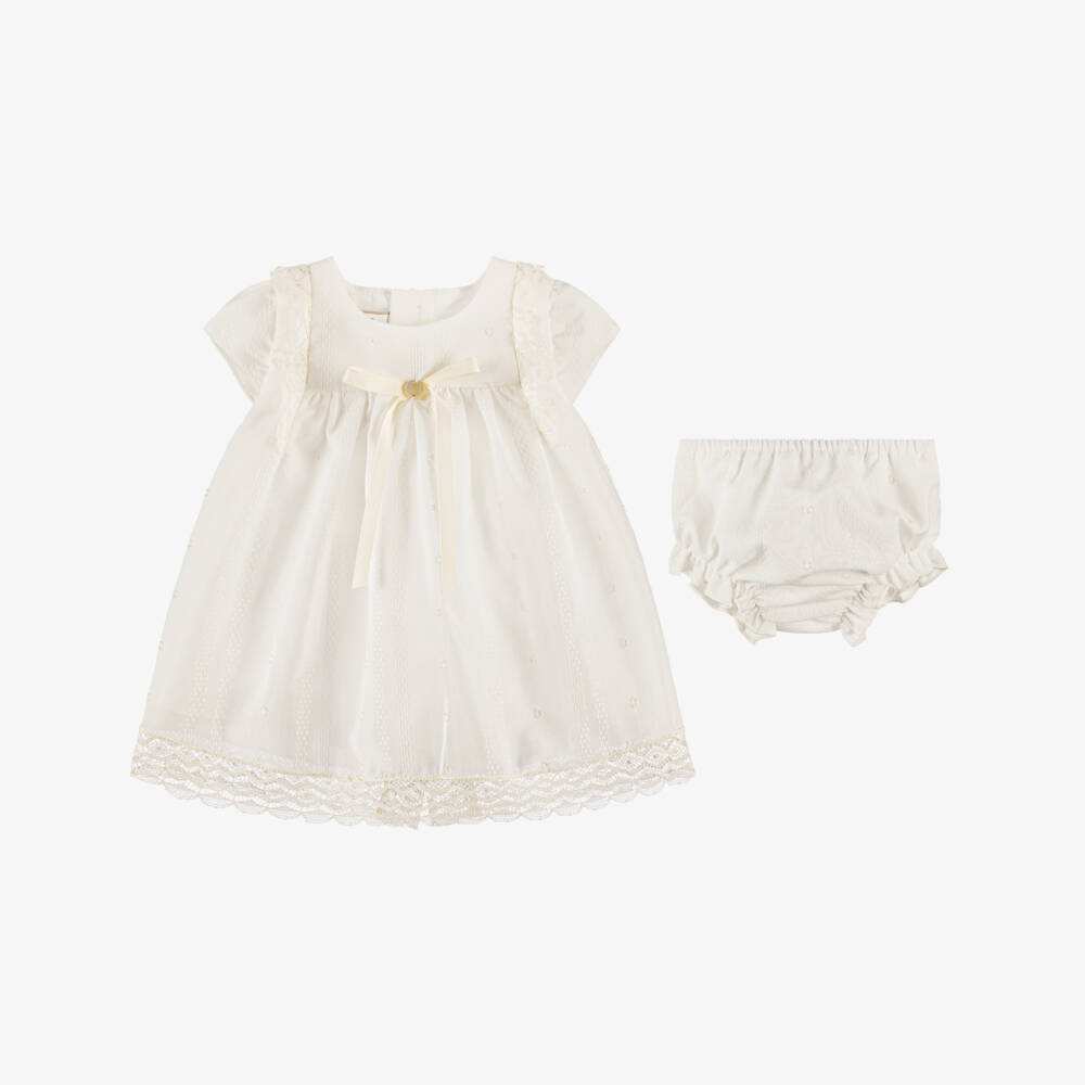 PAZ Rodríguez-Baby Girls Ivory Lace Trimmed Dress & Bonnet Set | Childrensalon