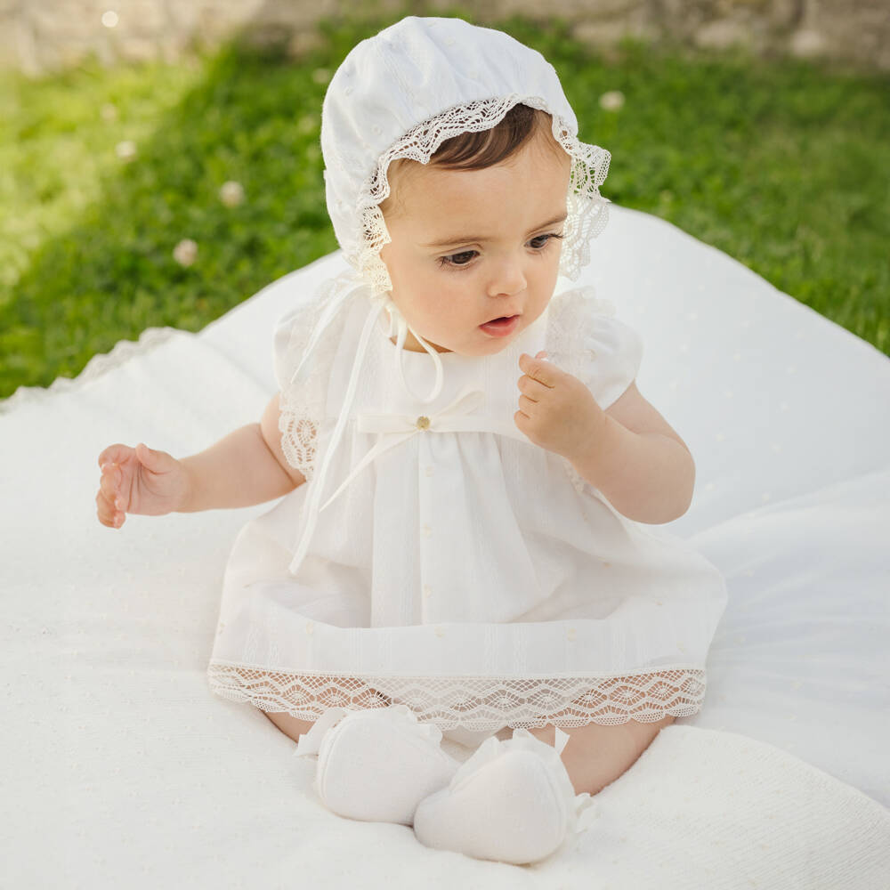 PAZ Rodríguez-Baby Girls Ivory Lace Trimmed Dress & Bonnet Set | Childrensalon