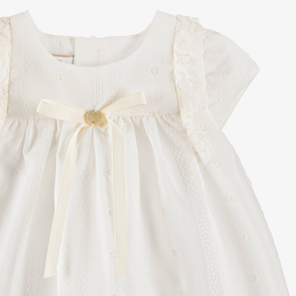 PAZ Rodríguez-Baby Girls Ivory Lace Trimmed Dress & Bonnet Set  | Childrensalon