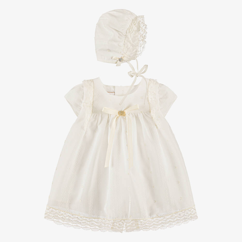 PAZ Rodríguez-Baby Girls Ivory Lace Trimmed Dress & Bonnet Set  | Childrensalon