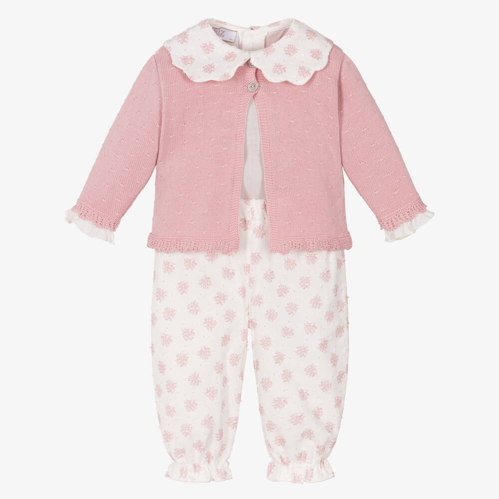 PAZ Rodríguez-Baby Girls Ivory & Pink Cotton Trouser Set | Childrensalon