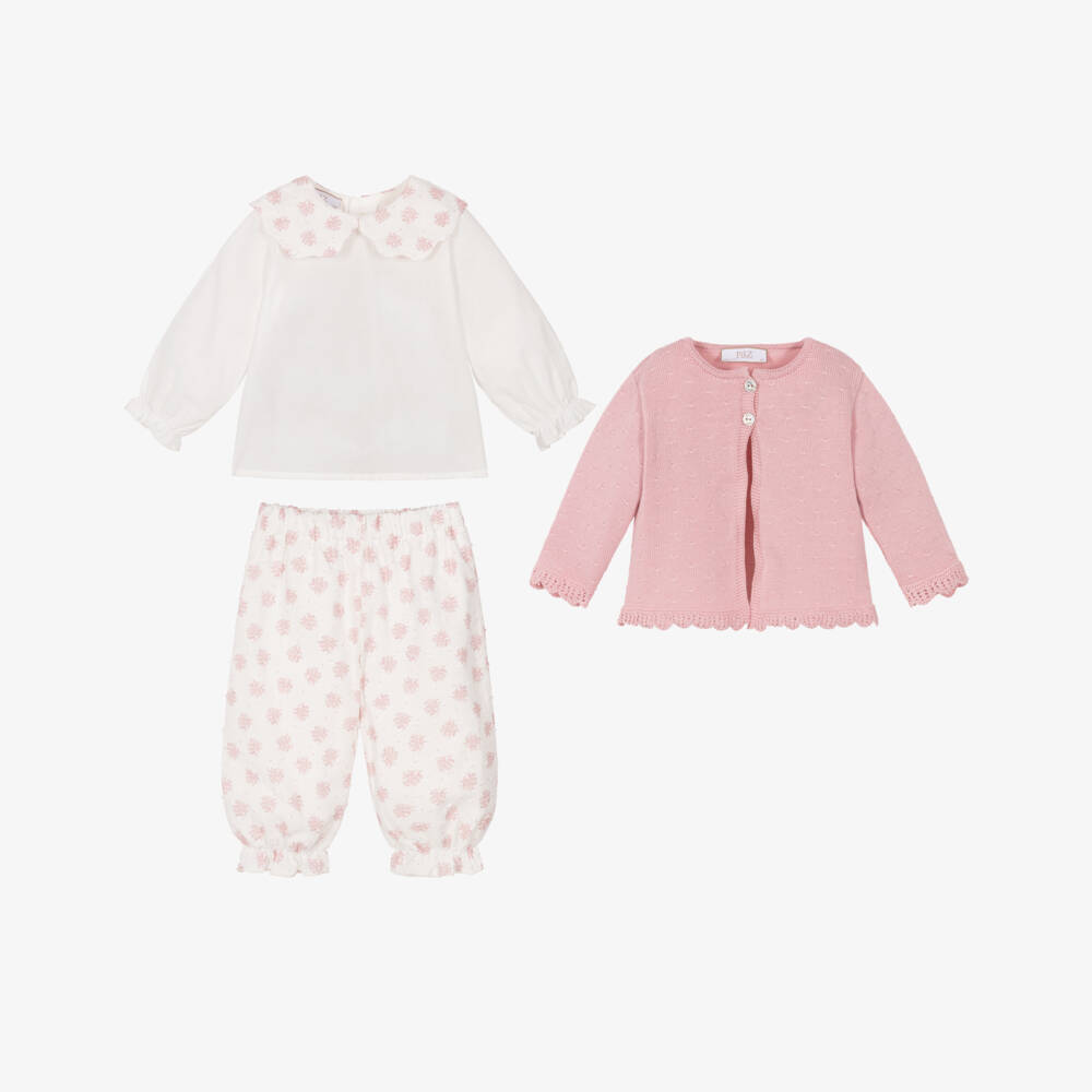 PAZ Rodríguez-Baby Girls Ivory & Pink Cotton Trouser Set | Childrensalon