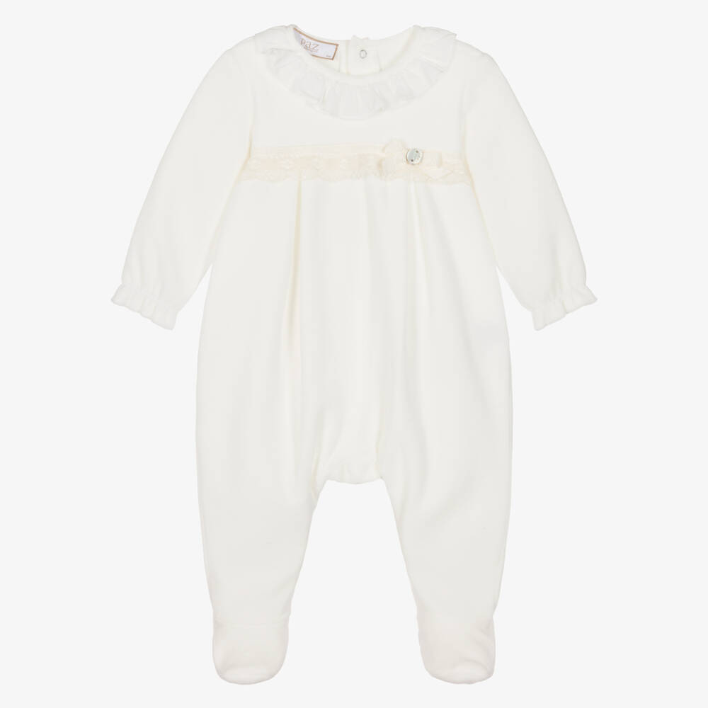 PAZ Rodríguez-Baby Girls Ivory Velour Babygrow with Voile Collar | Childrensalon