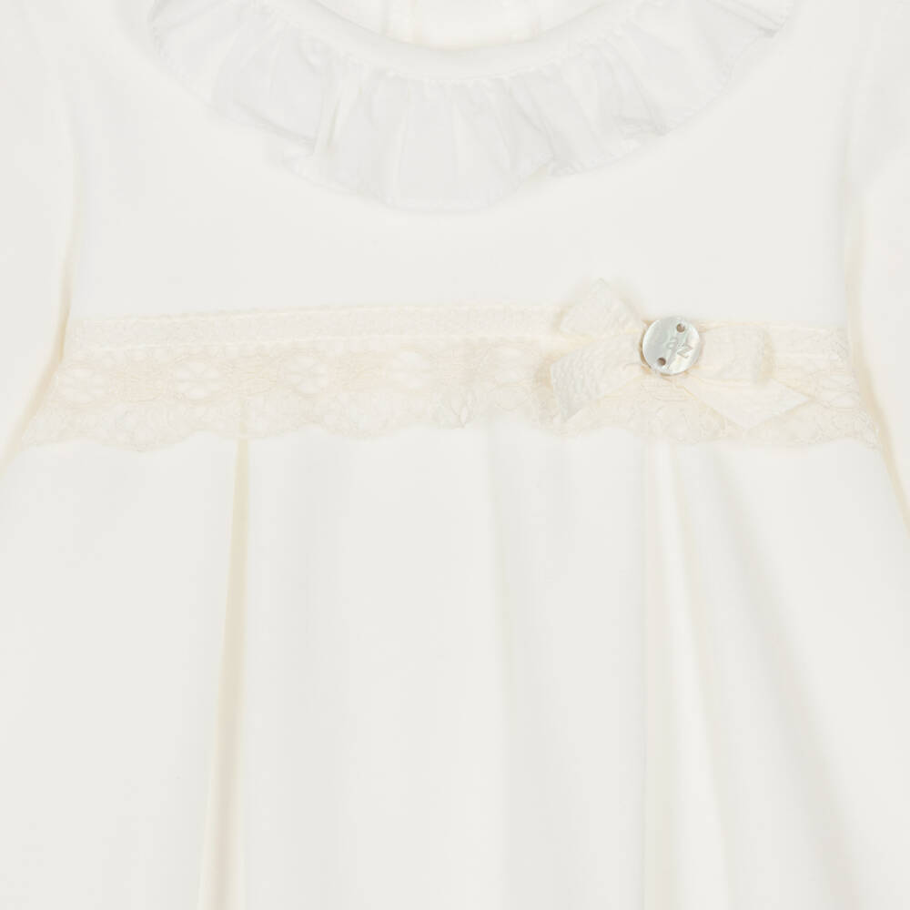 PAZ Rodríguez-Baby Girls Ivory Velour Babygrow with Voile Collar | Childrensalon