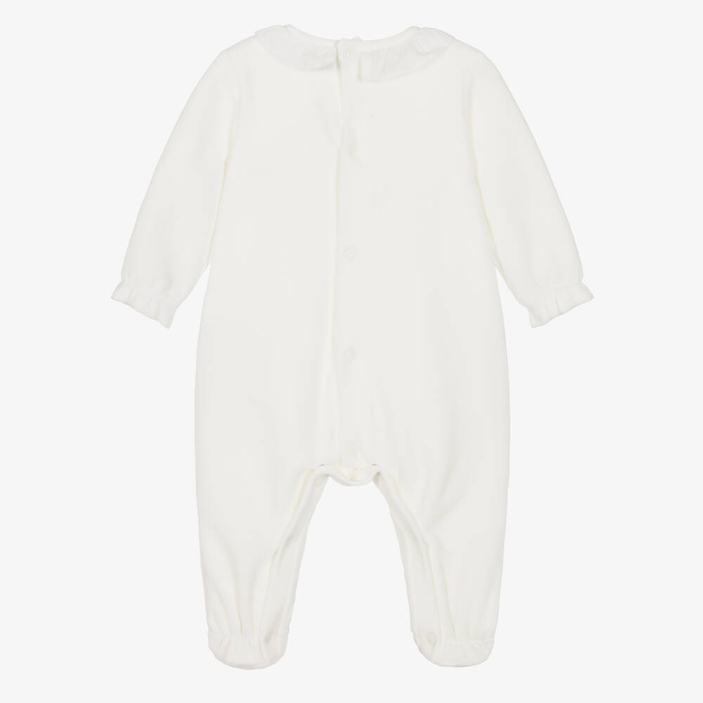 PAZ Rodríguez-Baby Girls Ivory Velour Babygrow with Voile Collar | Childrensalon