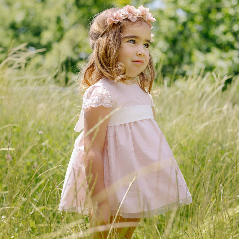 PAZ Rodríguez-Baby Girls Pale Pink Plumeti Polka Dot Tulle Dress | Childrensalon