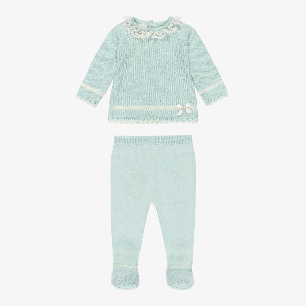 PAZ Rodríguez-Baby Girls Pastel Green Wool Knit Babysuit Set | Childrensalon