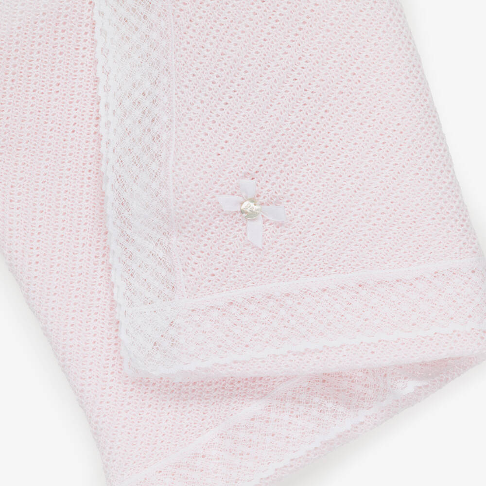 PAZ Rodríguez-Baby Girls Pink Cotton Knit Blanket with Lace Trim (106cm) | Childrensalon