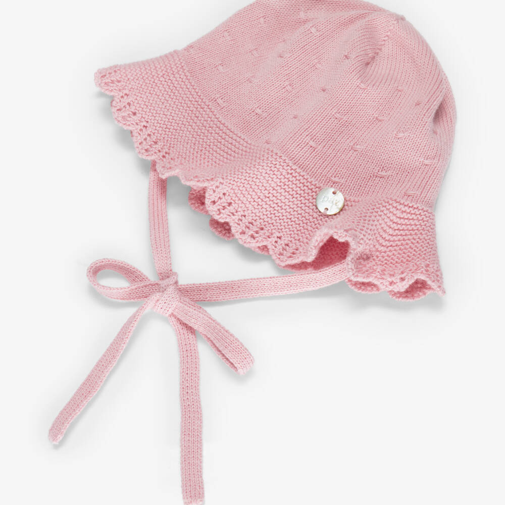 PAZ Rodríguez-Baby Girls Pink Cotton Knit Hat with Ties | Childrensalon