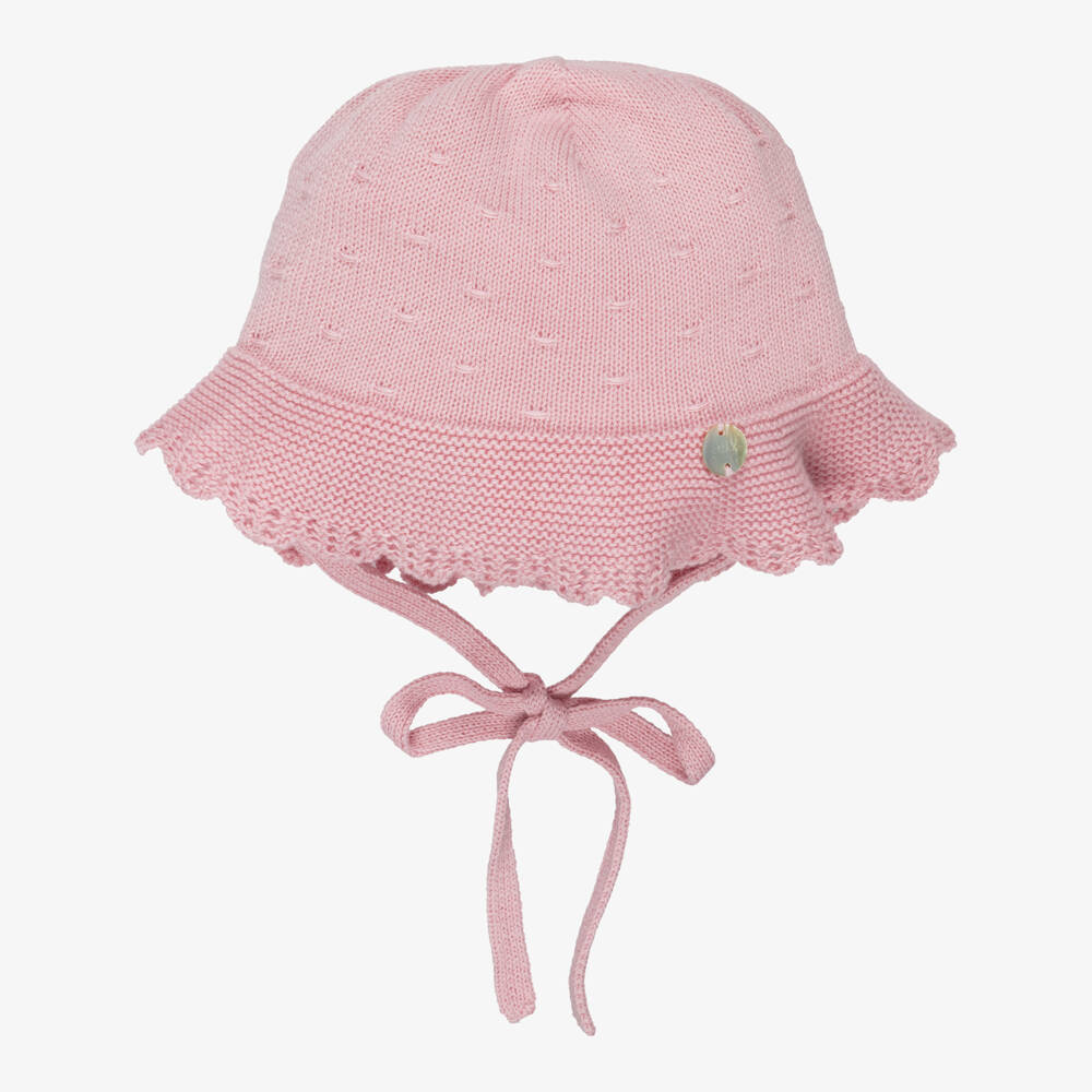 PAZ Rodríguez-Baby Girls Pink Cotton Knit Hat with Ties | Childrensalon