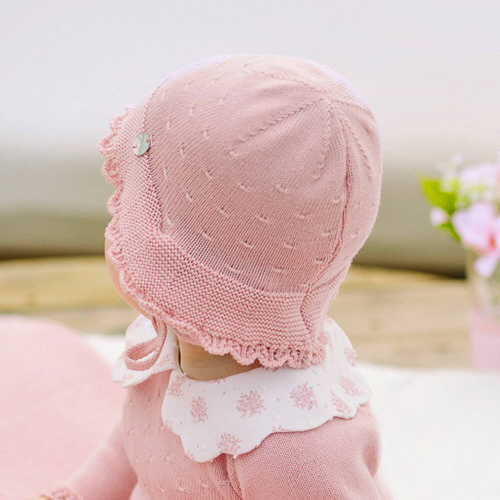 PAZ Rodríguez-Шапочка розовая хлопковая вязаная с завязками для малышек | Childrensalon