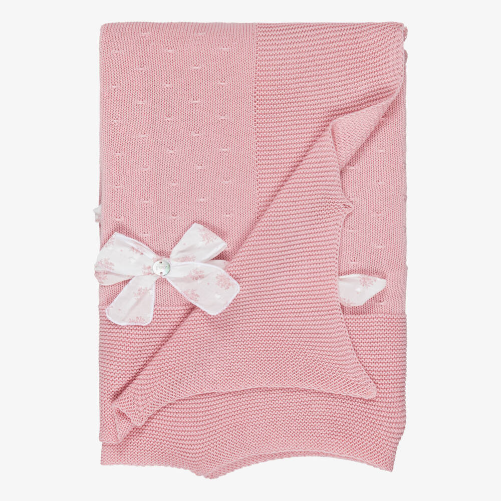 PAZ Rodríguez-Baby Girls Pink Cotton Knit Shawl with Floral Bow (106cm) | Childrensalon