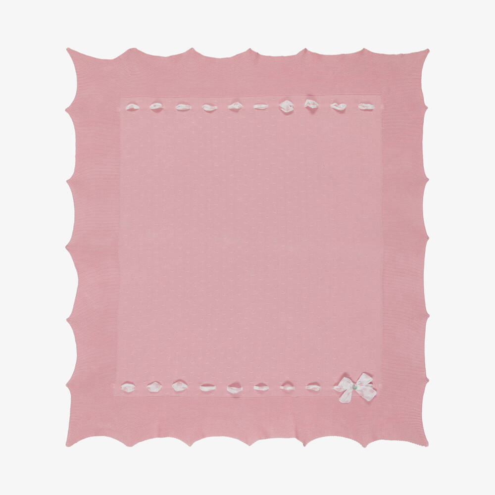 PAZ Rodríguez-Baby Girls Pink Cotton Knit Shawl with Floral Bow (106cm) | Childrensalon