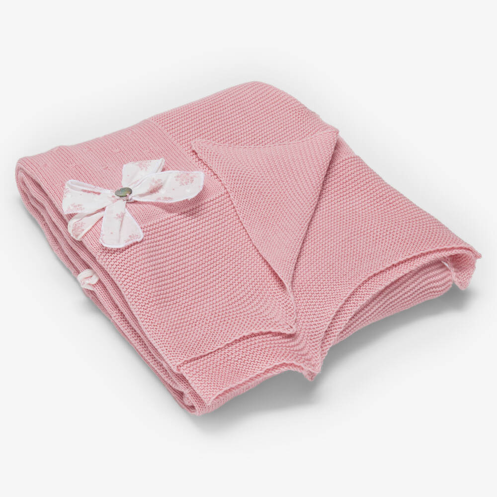 PAZ Rodríguez-Baby Girls Pink Cotton Knit Shawl with Floral Bow (106cm) | Childrensalon