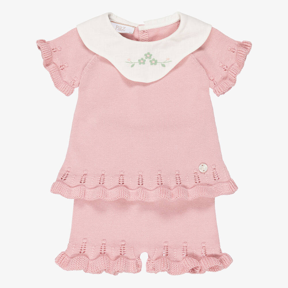 PAZ Rodríguez-Baby Girls Pink Cotton Knit Shorts Set with Embroidered Collar | Childrensalon