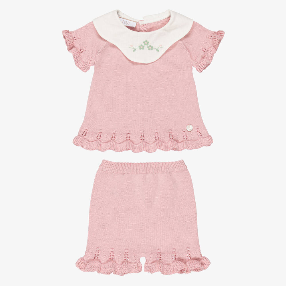 PAZ Rodríguez-Baby Girls Pink Cotton Knit Shorts Set with Embroidered Collar | Childrensalon