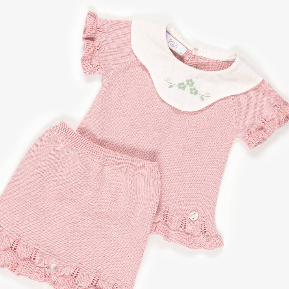 PAZ Rodríguez-Baby Girls Pink Cotton Knit Shorts Set with Embroidered Collar | Childrensalon
