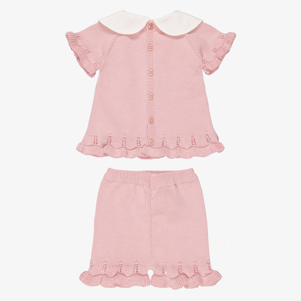 PAZ Rodríguez-Baby Girls Pink Cotton Knit Shorts Set with Embroidered Collar | Childrensalon
