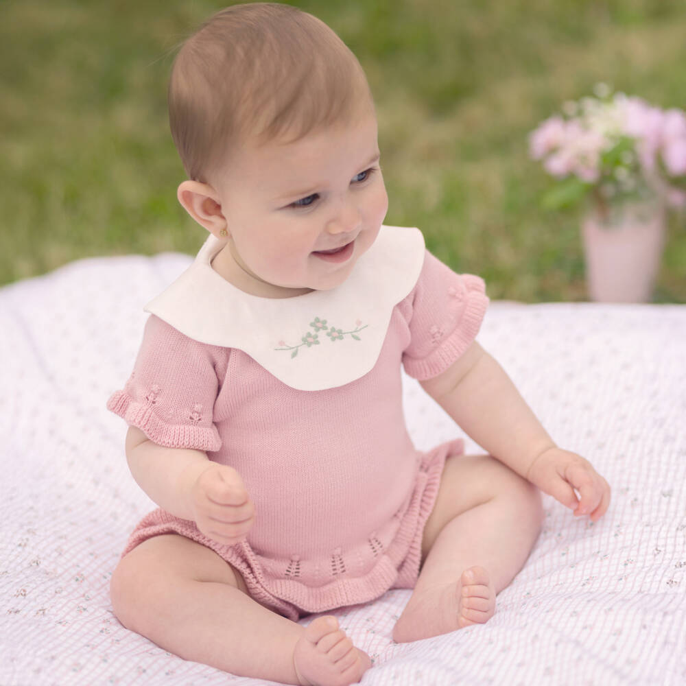 PAZ Rodríguez-Baby Girls Pink Cotton Knit Shorts Set with Embroidered Collar | Childrensalon