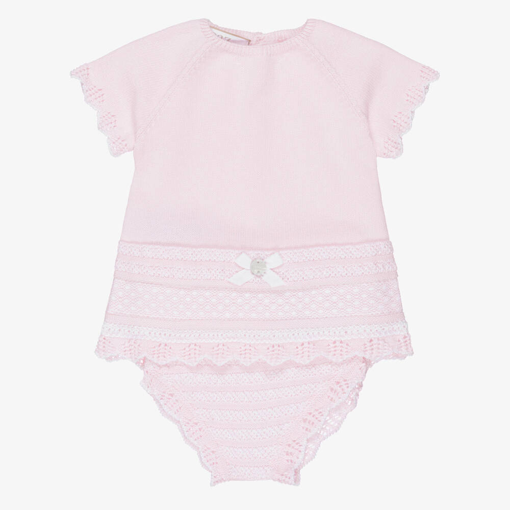 PAZ Rodríguez-Baby Girls Pink Cotton Lacy Knit Shorts Set | Childrensalon