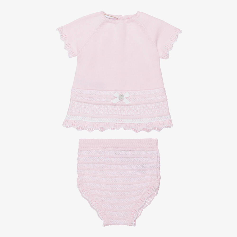 PAZ Rodríguez-Baby Girls Pink Cotton Lacy Knit Shorts Set | Childrensalon