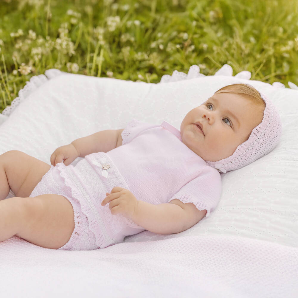 PAZ Rodríguez-Baby Girls Pink Cotton Lacy Knit Shorts Set | Childrensalon