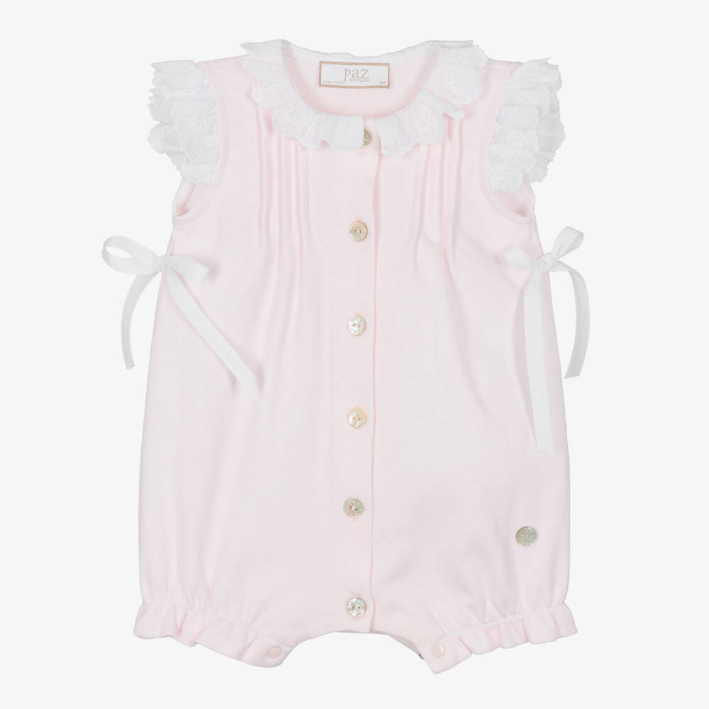 PAZ Rodríguez-Baby Girls Pink Cotton Shortie with Broderie Anglaise Trims | Childrensalon