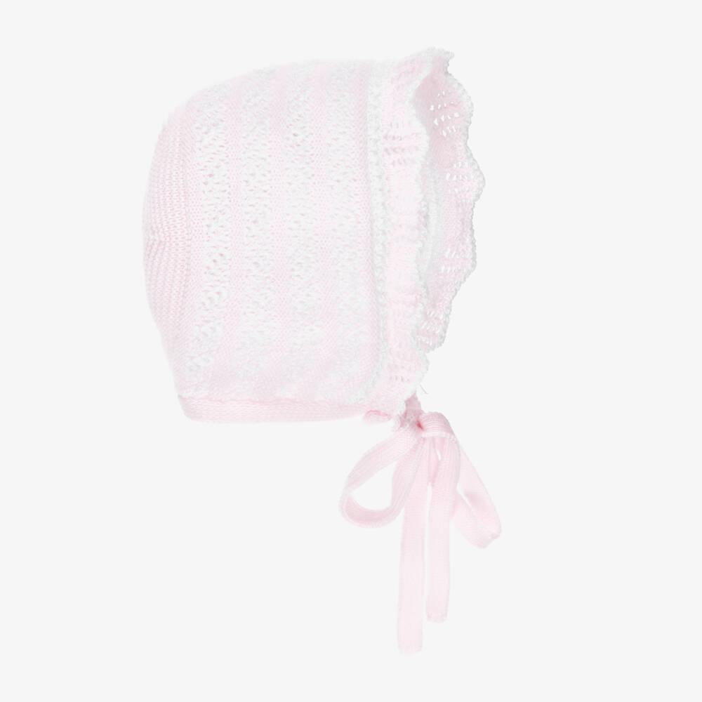 PAZ Rodríguez-Baby Girls Pink & White Lacy Knit Bonnet | Childrensalon