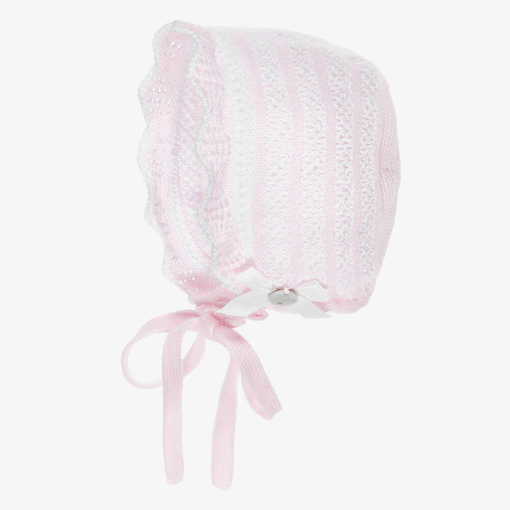 PAZ Rodríguez-Baby Girls Pink & White Lacy Knit Bonnet | Childrensalon
