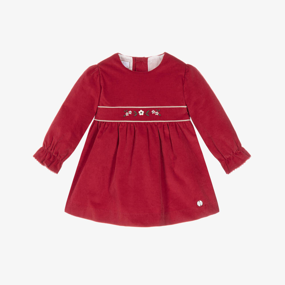 PAZ Rodríguez-Baby Girls Red Velvet Dress with Floral Embroidery | Childrensalon