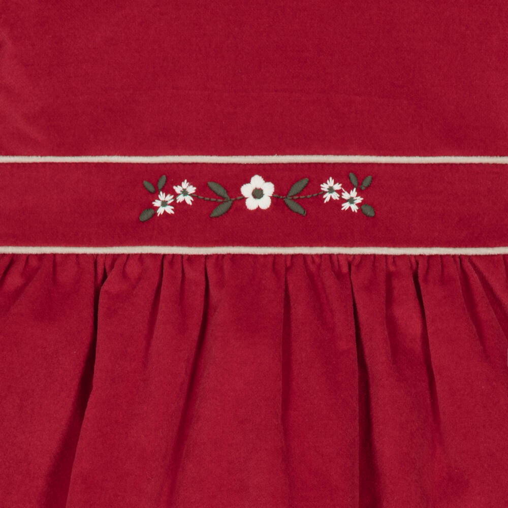 PAZ Rodríguez-Baby Girls Red Velvet Dress with Floral Embroidery | Childrensalon