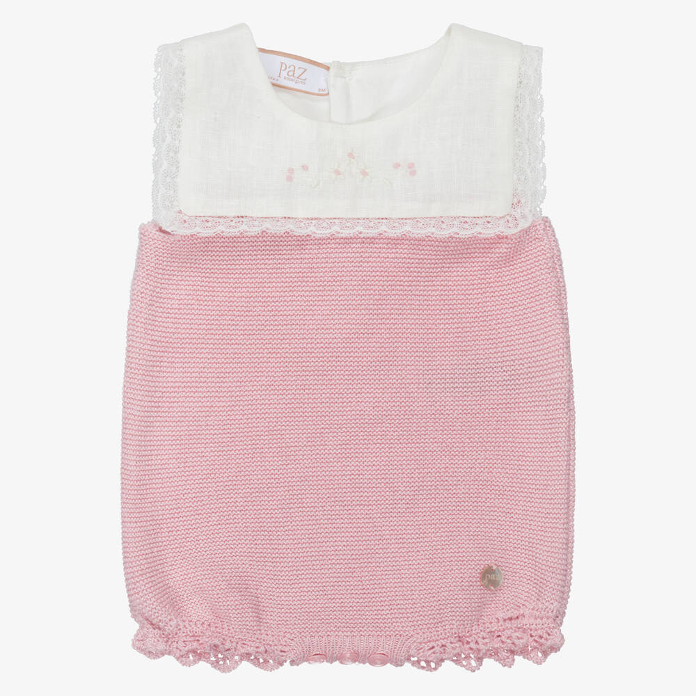 PAZ Rodríguez-Baby Girls White Linen & Pink Cotton Knit Shortie | Childrensalon