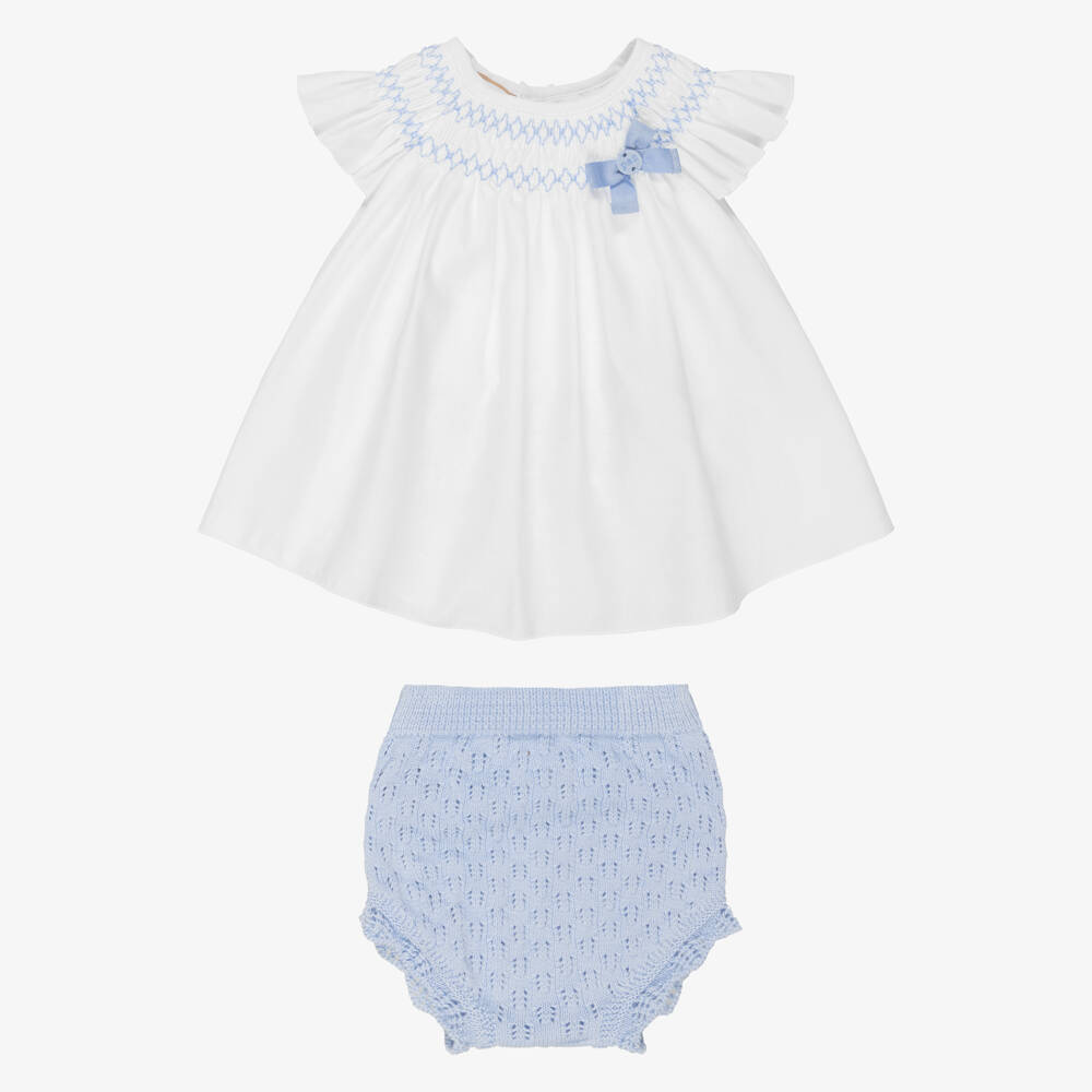 PAZ Rodríguez-Baby Girls White Smocked Linen Top & Cotton Knit Shorts Set | Childrensalon