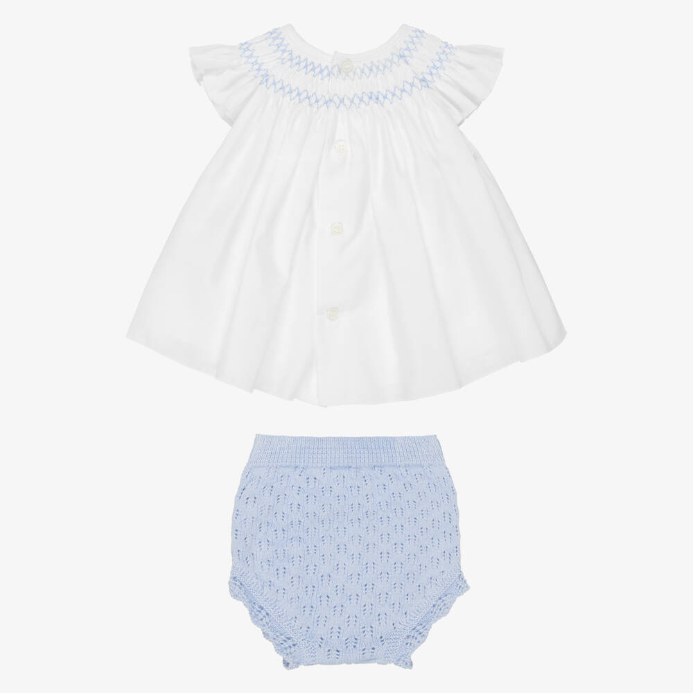 PAZ Rodríguez-Baby Girls White Smocked Linen Top & Cotton Knit Shorts Set | Childrensalon