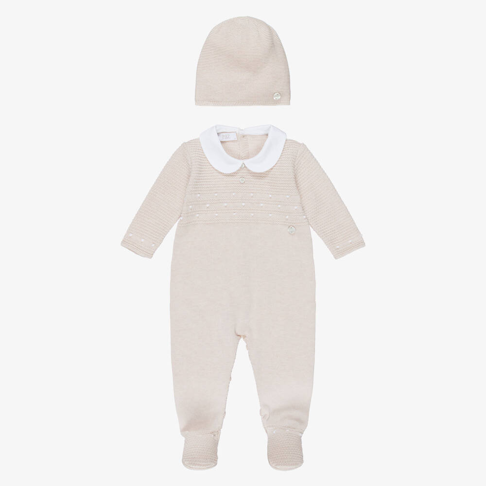 PAZ Rodríguez-Beige Cotton Knit Babygrow & Hat Set | Childrensalon