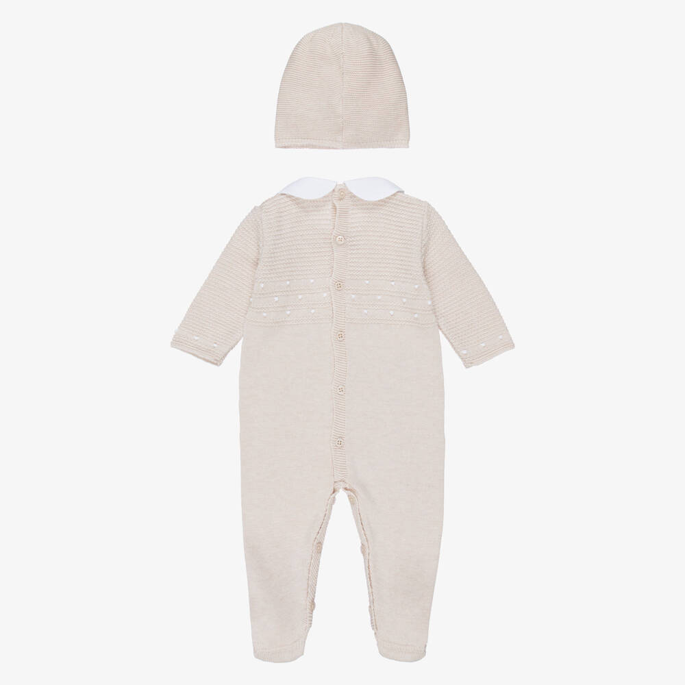 PAZ Rodríguez-Beige Cotton Knit Babygrow & Hat Set | Childrensalon